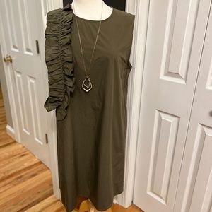 Chepe from Italy.  Beautiful Olive color with Ruffled Accent on Right. Size 8/10